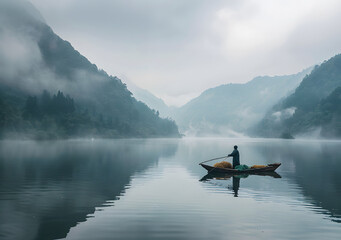 Mountains in the fog and boats on the lake