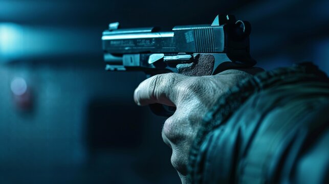 Male hand holding gun over dark background