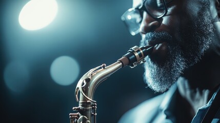 An artistic close-up shot of a saxophonist's saxophone with a serene blue light setting the mood,...