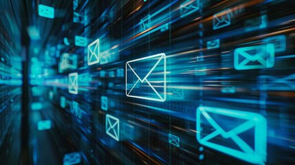 A futuristic email interface with multiple security icons