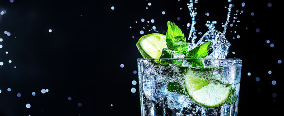 refreshing glass of vodka soda cocktail with ice and lime slices splashing, mint leaves on a black background