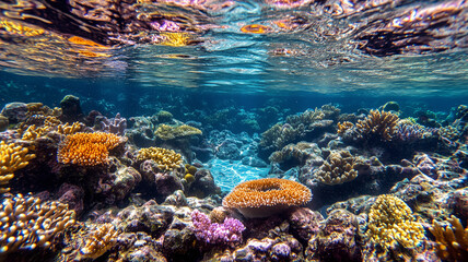 Naklejka na ściany i meble Vibrant Coral Reef Under Clear Blue Water