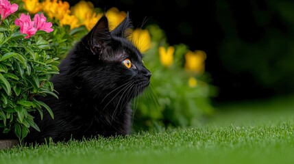 Beautiful Fluffy Black Cat Sitting On A Green Lawn At Sunset