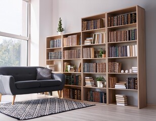 Bookshelf with many books at home 