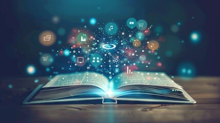 AI in Education. Digital book opening, with  interactive elements