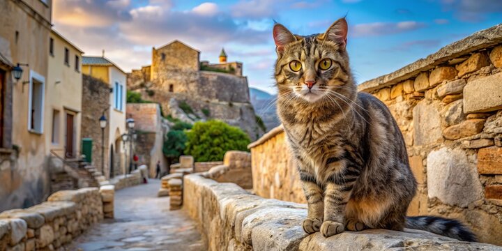 Majestic feral cat with weathered fur and piercing eyes explores ancient stone walls of Mediterranean island's historic townscape.