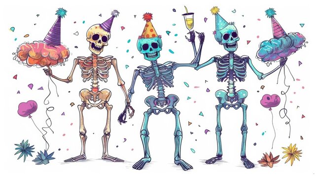 Colorful watercolor illustration of skeletons celebrating with party hats and decorations, festive and fun Halloween theme.