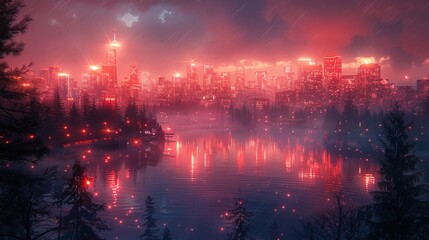 Fototapeta premium City skyline with neon lights and visible connection flux