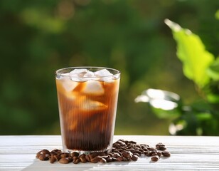 Glass of iced coffee and beans on white wooden table outdoors. Space for text 