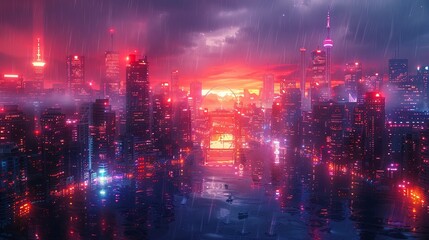 Obraz premium City skyline with neon lights and visible connection flux