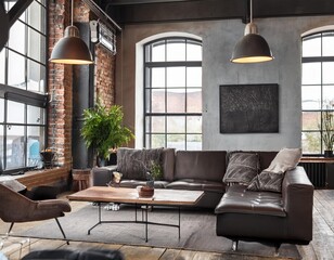 Living room loft in industrial style