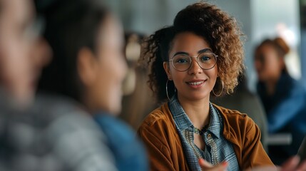 Woman talking and engaging in a debate with peers during a group meeting