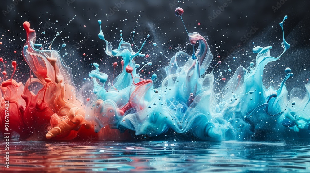 Aufkleber swirling blue and red paint splashes create mesmerizing patterns above calm water surface in low lig
