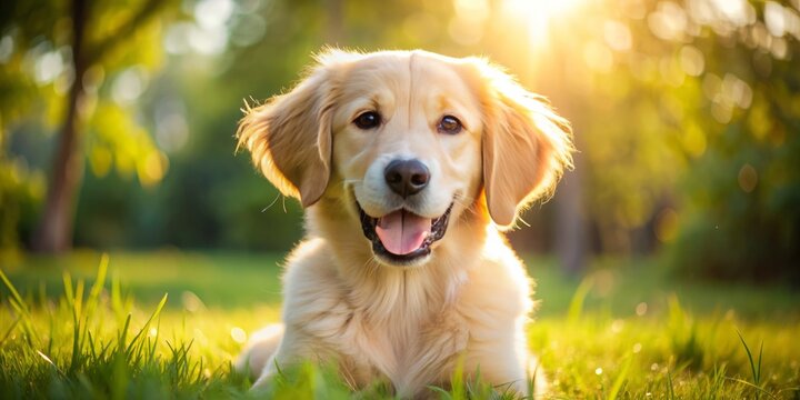 Adorable nine-month-old golden puppy with fluffy fur and bright curious eyes plays enthusiastically in a sunny outdoor setting.