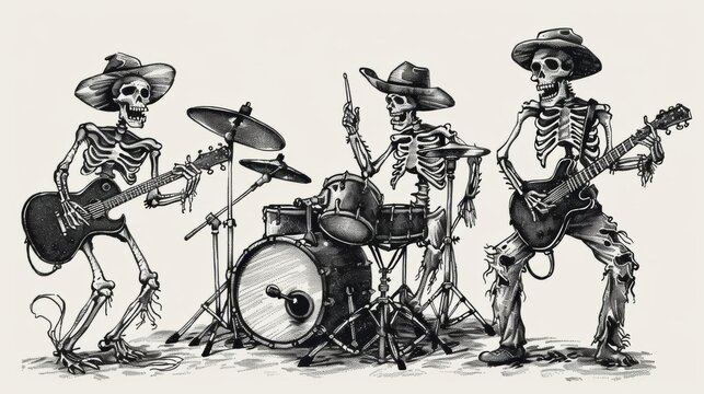 Skeleton rock band playing guitars and drums with cowboy hats, black and white illustration, music and Halloween themed drawing.