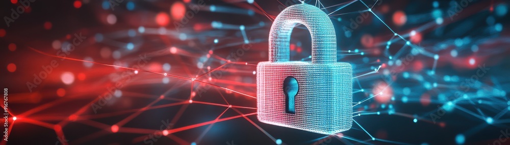 Poster a digital lock symbolizing cybersecurity, surrounded by vibrant network connections. represents data