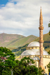 Naklejka premium Haci Selim Efendi Mosque in Erzurum with ample space for text, representing peace, spirituality, and Islamic architecture. Islamic vertical photo..