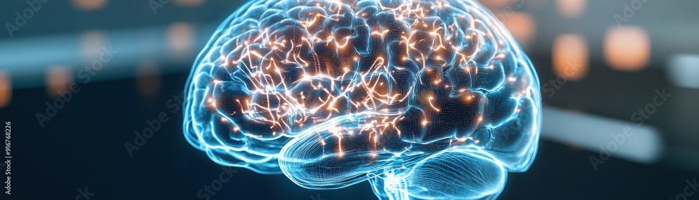 Poster a digital representation of a human brain showcasing intricate neural connections and glowing patter