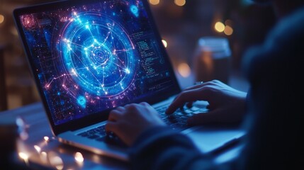 A person analyzes astrology data on a laptop in a cozy, dimly-lit room filled with soft bokeh lights at night