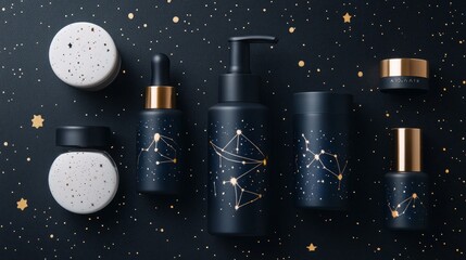 A collection of beauty products featuring celestial designs on a dark, starry background