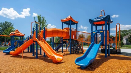 The playground includes a slide and a swing set in vibrant shades of orange and blue