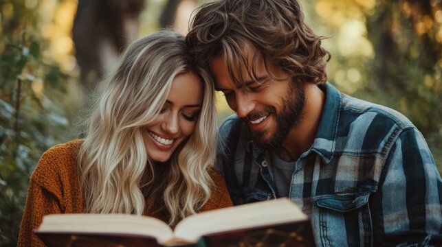 Young couple joyfully reading an astrology compatibility book in a sunlit forest setting during autumn