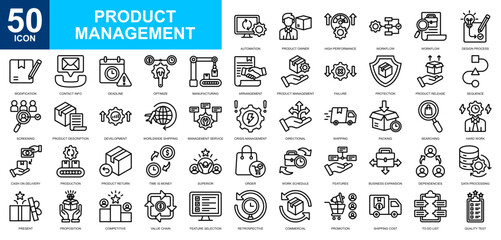 Product Management icon collection set. E commerce, delivery, manufacturing, marketing, shipping and delivery, time management, money management icon. Simple line vector.	