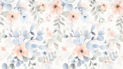 Soft and delicate hand-drawn floral and leaf pattern, pastel colors, seamless