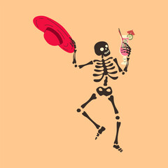 Funny Skeleton  with a cocktail. Cute character Skeleton Bones