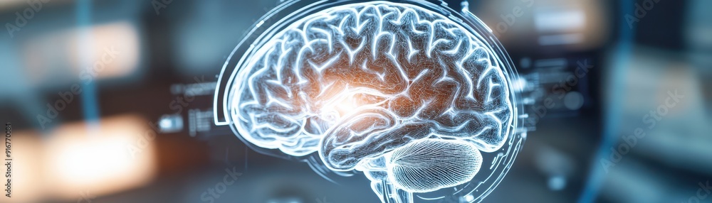Poster a futuristic representation of a brain, showcasing neural connections and digital elements in a high