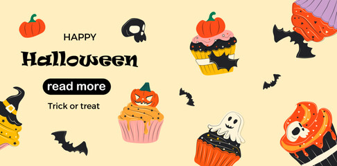Fototapeta premium Web page design template. Cute halloween cupcakes cartoon characters. Vector illustration for poster, banner, website development. Food Halloween
