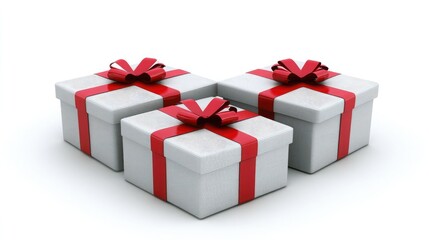Obraz premium Three elegantly wrapped silver gift boxes with red ribbons on a bright background