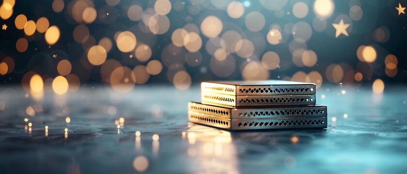 Stacked objects adorned with elegant lettering and a central emblem, emphasizing the visual impact of typography and branding in a cohesive arrangement 8K , high-resolution, ultra HD,up32K HD