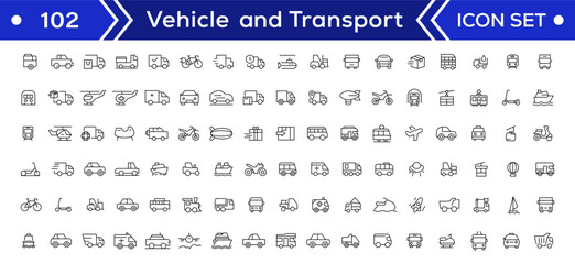Vehicle and Transport line icon set. Containing car, bike, plane, train, bicycle, motorbike, bus and scooter icons. Transportation Simple line icon collections