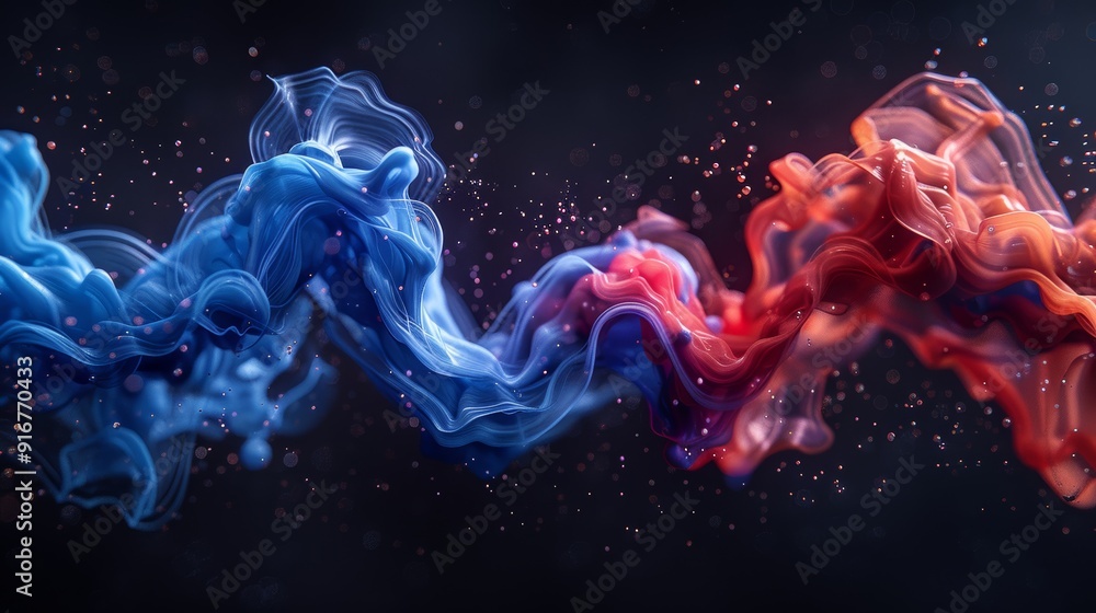 Poster fluid dynamics of blue and red colors swirling together in an artistic display