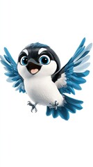 A cheerful magpie bird flies joyfully with vibrant blue wings in a cartoon style