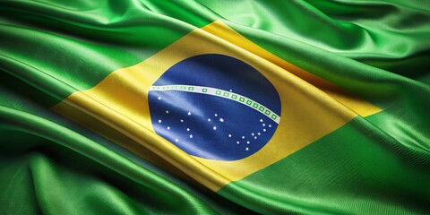 Vibrant green and yellow fabric waving in motion, resembling the Brazilian national flag, with soft focus and subtle texture details.