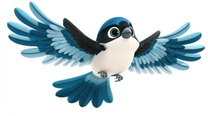 A cute cartoon magpie flying joyfully with big eyes and spread wings
