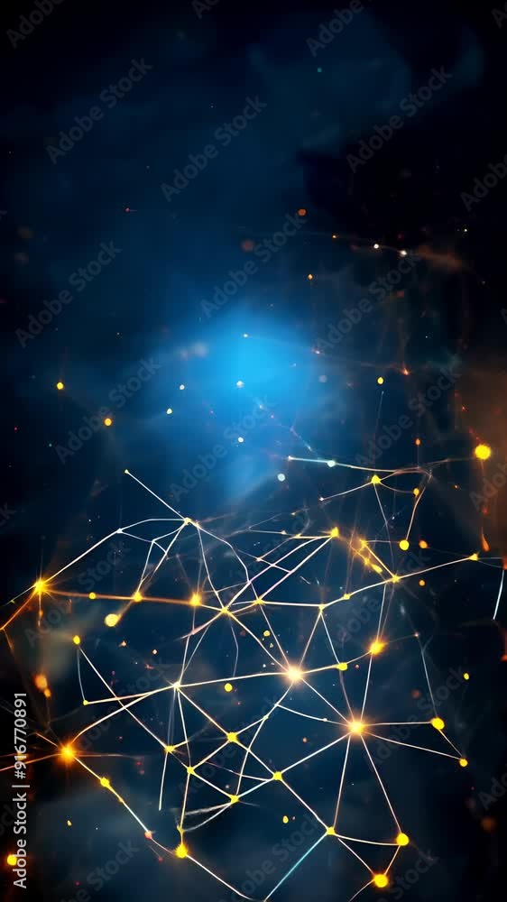 Poster video of network of glowing nodes and lines in dark, abstract space, representing digital connection