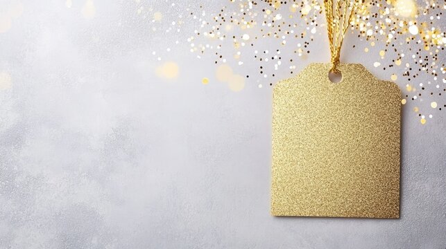 Elegant blank gold gift tag with space for personalization against a soft grey background with bokeh lights