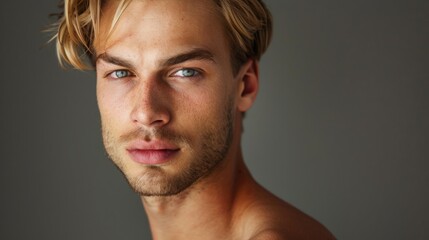 Naklejka premium A man with a beard and blue eyes is standing in front of a gray wall
