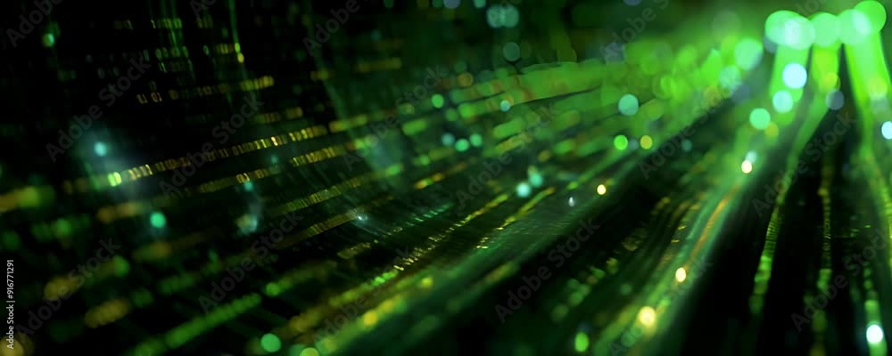 Poster video of abstract green digital data streams moving across dark background, representing data transf