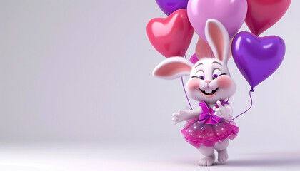 Fototapeta premium smiling 3d girl pink Bunny cute little dress purple bow white background Heart-shaped balloons copy space