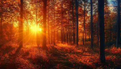 A serene sunset highlights the beauty of an autumn forest landscape, portraying the colorful foliage and tranquility of the natural environment.