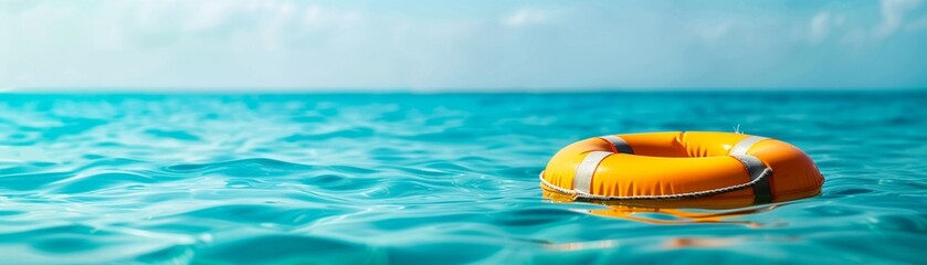 Fototapeta premium A vivid sapphire blue ocean with a bright lemon yellow lifebuoy floating on the surface, creating a highcontrast, eyecatching scene 8K , high-resolution, ultra HD,up32K HD