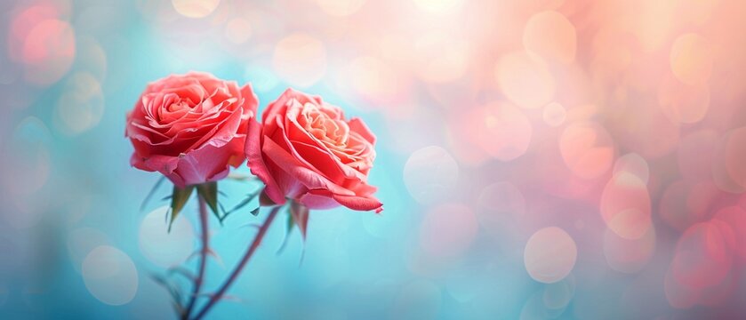 A pair of bright crimson red roses side by side, set against a vibrant, colorful background, showcasing rich, bold colors 8K , high-resolution, ultra HD,up32K HD