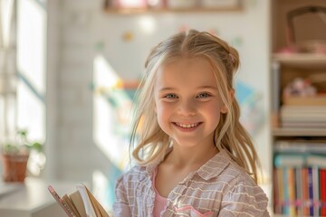 10 year old girl of Slavic appearance, blonde, smiling with a book in her hands Horizontal