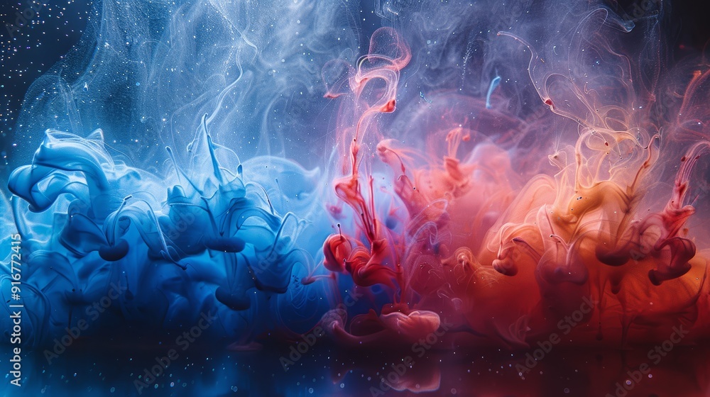 Poster colorful ink swirls blend in water creating a captivating abstract art display