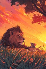 A captivating book cover illustration featuring a romantic scene between a Lion and a rat in a lush, verdant meadow. The lion, with agentle expression, gazes lovingly at the rat as they both lie down