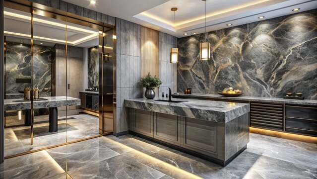 Luxurious gray marble background featuring natural Portoro marble wallpaper, countertops, and flooring with travertine texture and granite stone accents.
